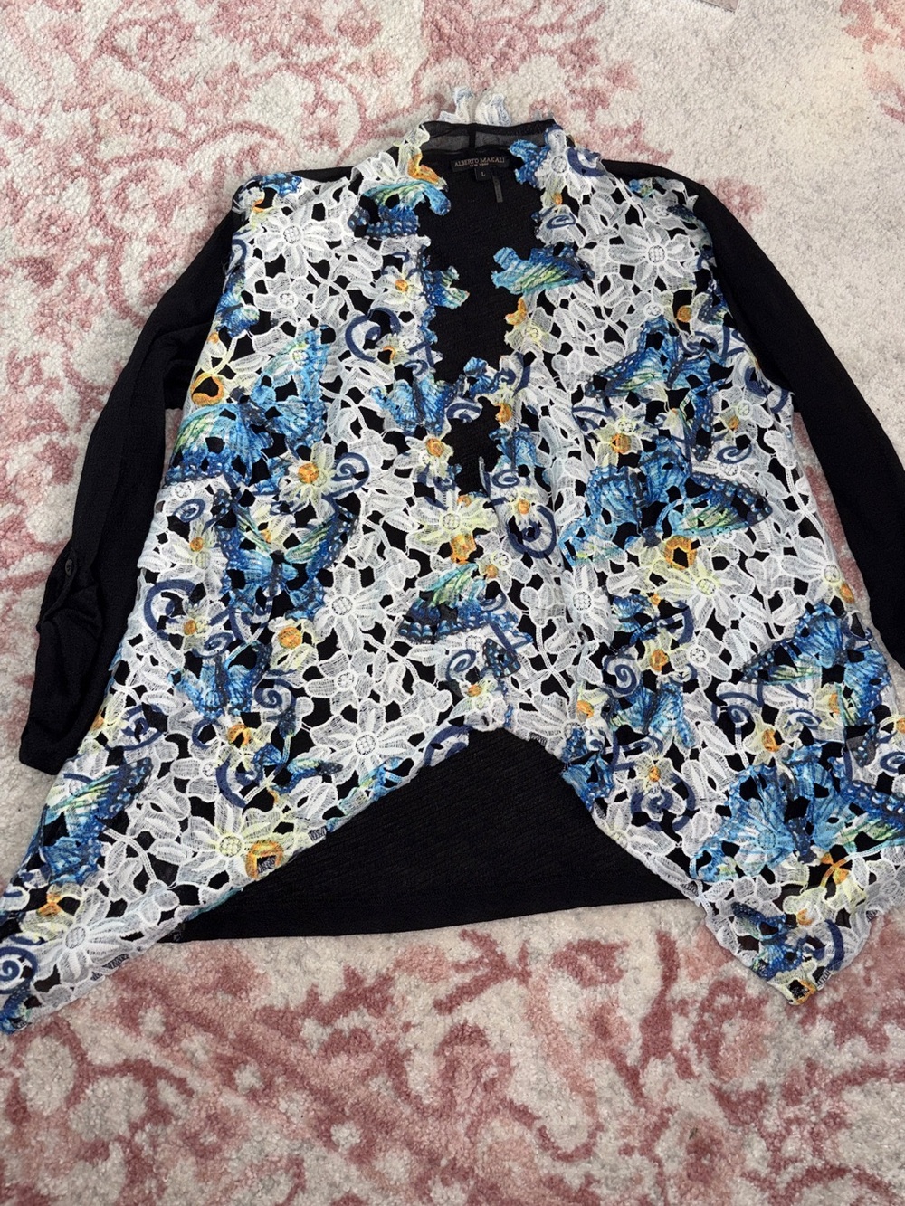 Alberto Makali Black Lace Top with Blue, White and Yellow Floral Accents